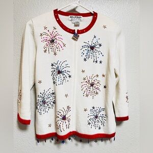 Jack B Quick Vintage patriotic sequin cardigan zip sweater size small.